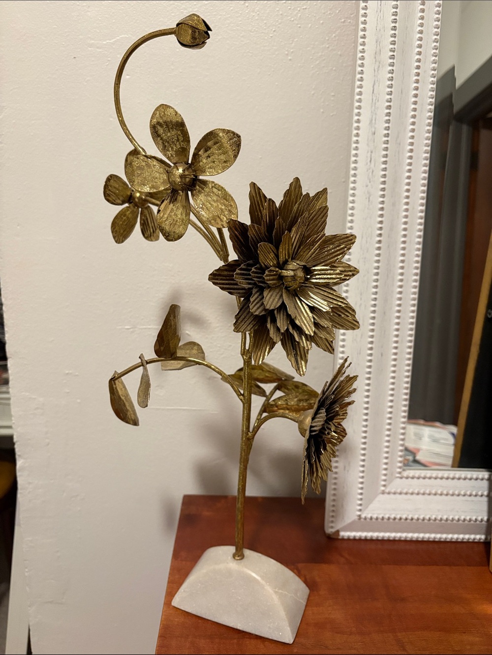 Anthropologie Gold Metal Floral Sculpture on Marble Base